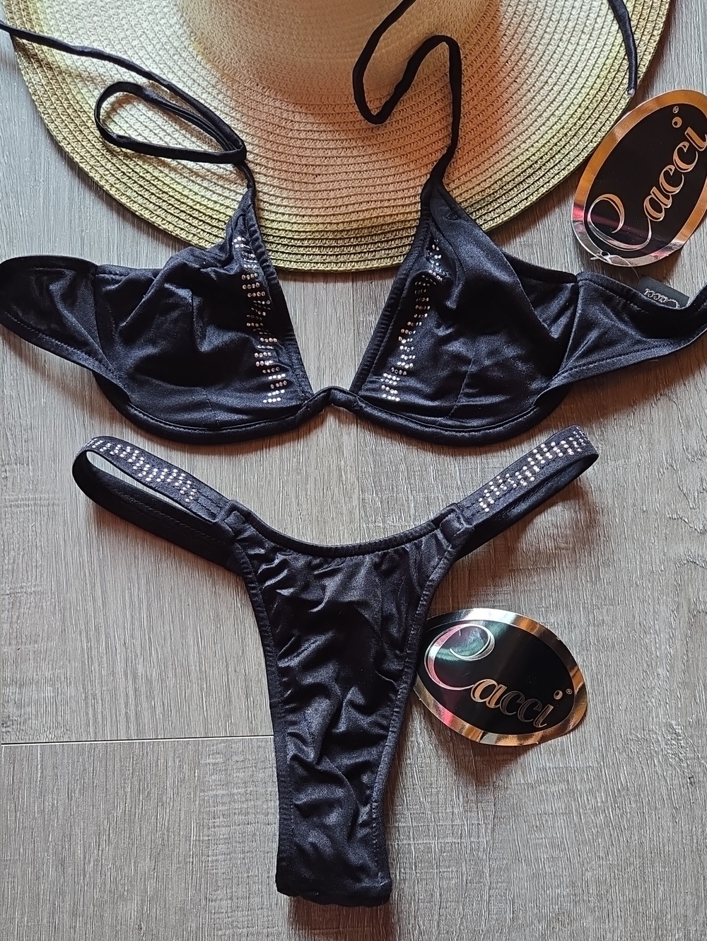 Black Rhinestone Women's Thong Bikini Set. Small